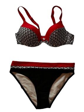 Black White Red Geometric Design Padded Bikini Size Medium